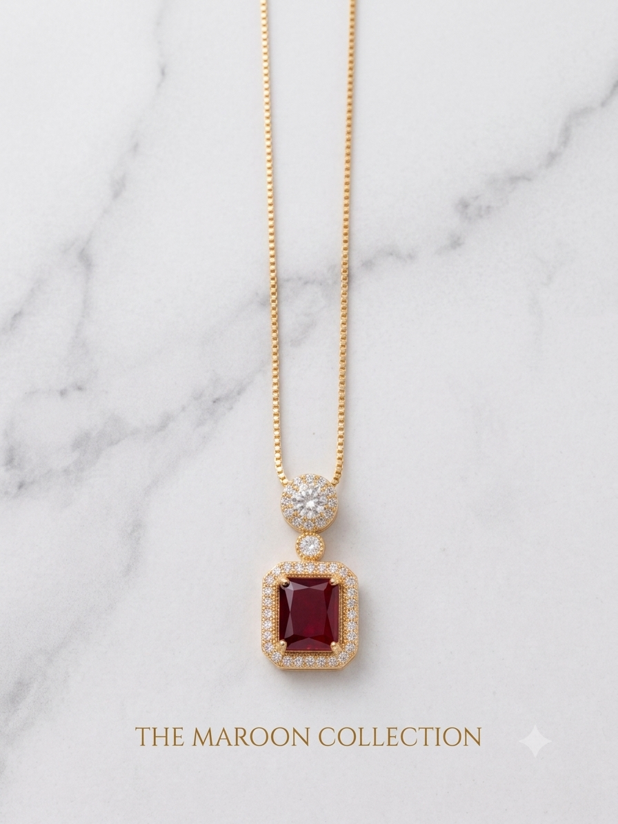 Maroon Royale Gold Pendant Necklace | Maroon Stone Necklace | Aqsetique